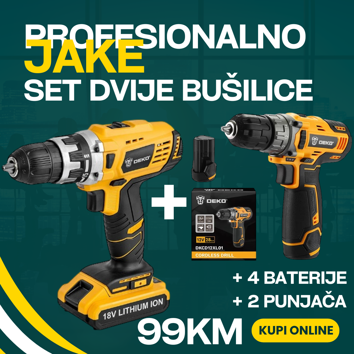 Set bušilica (1+1) sa 4 baterije i 2 punjača