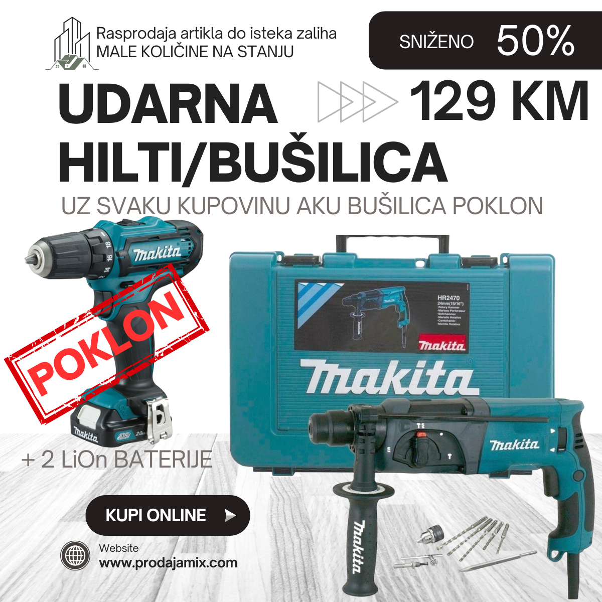 Udarna/čekić bušilica + POKLON Aku bušilica uz svaku kupovinu